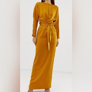 ASOS DESIGN Maxi Dress with Batwing Sleeve andWrap Waist - Mustard Satin